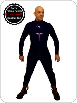 Mens Rubber Catsuit Front Zip & Cod Piece Latex Ganzanzug mit Codpiece. Reiverschluss vorn vom Hals bis zum Bauchnabel.