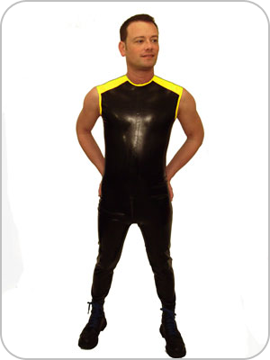 Mens Rubber Catsuit Sleeveless 3 Way  Zip to base of spine.  Latex rmelloser Ganzanzug 